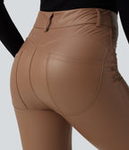 Pantalon polaire simili cuir extensible taille haute avec poches