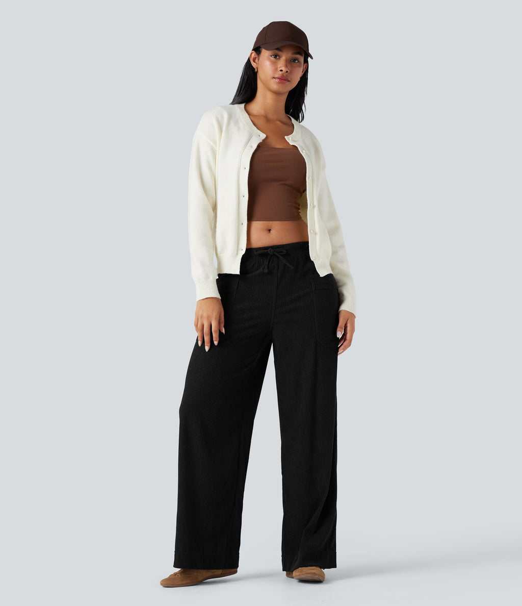 Pantalon décontracté large en velours côtelé, taille mi-haute, avec cordon et poches