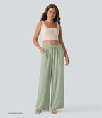 Pantalon baggy large casual effet lin taille basse avec cordon et poches