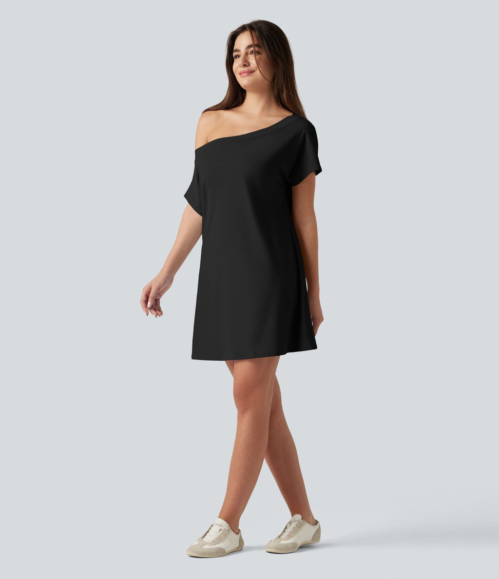 Robe courte décontractée SoftlyZero™ Airy à une épaule manches courtes avec brassière intégrée effet frais InstantCool