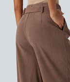 Pantalon décontracté large en velours côtelé avec ceinture, taille haute, avec poches