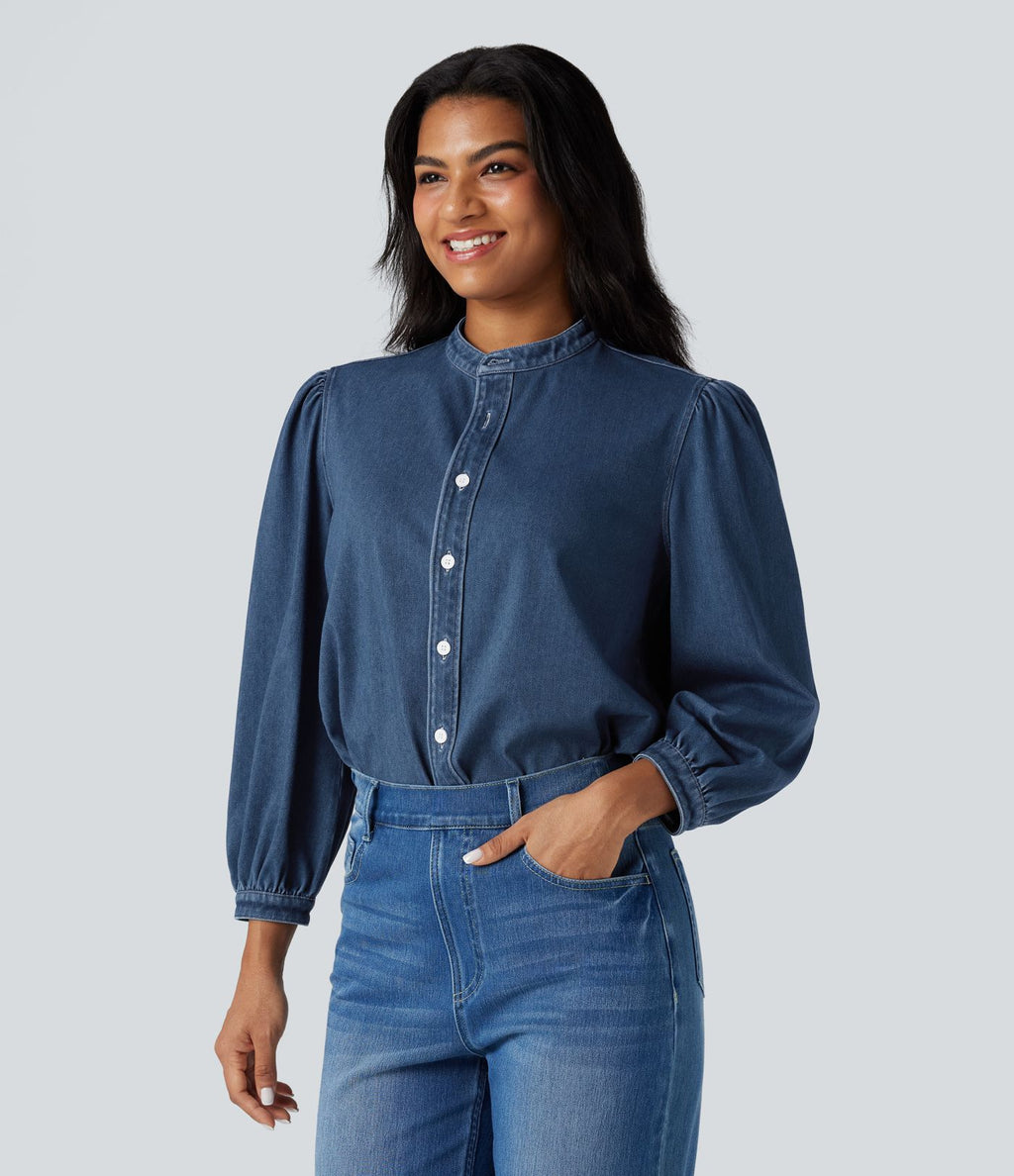 Chemise denim Halara Flex™ col montant manches 3/4 bouffantes