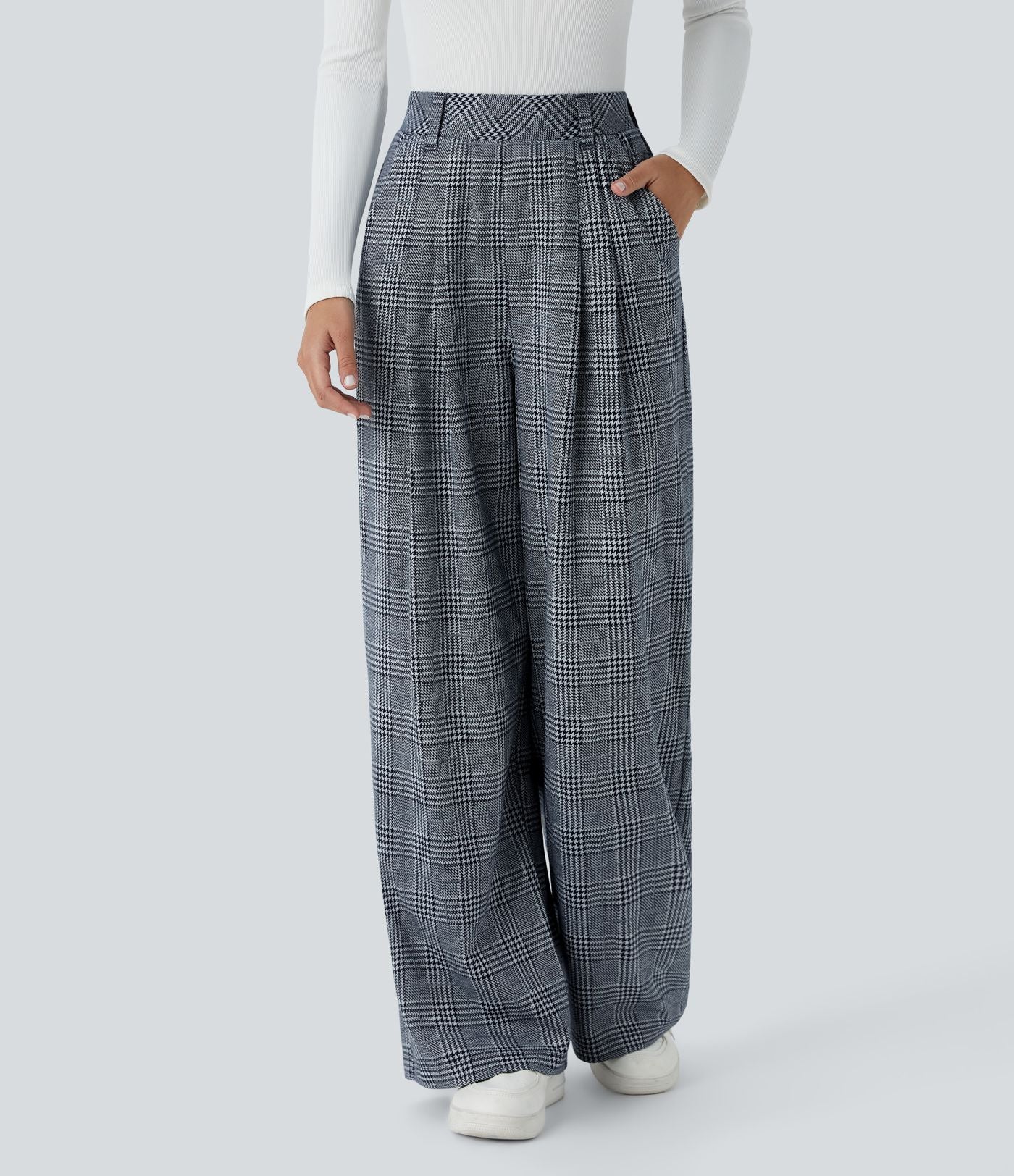 Pantalon taille haute décontracté large à carreaux, avec poches