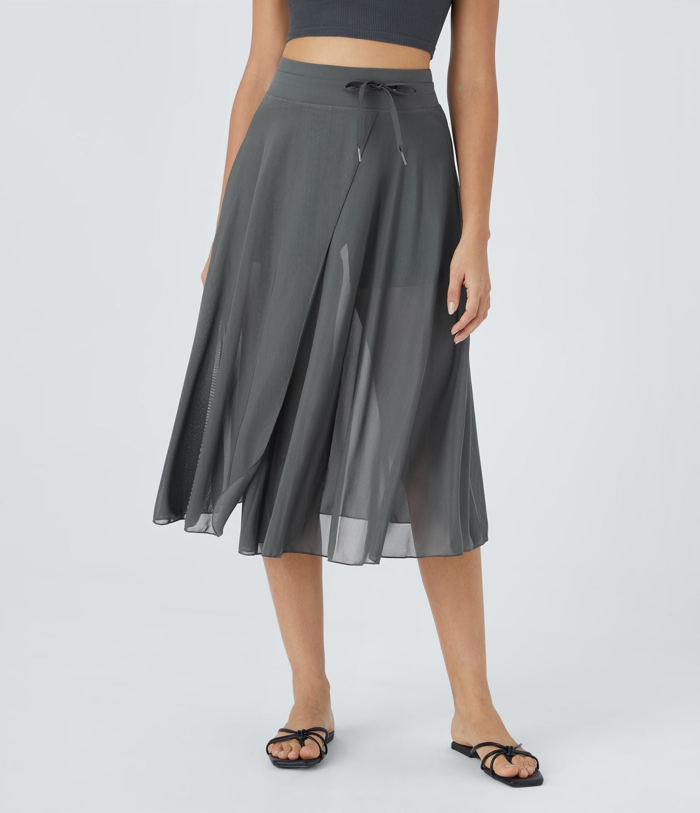 Jupe Casual Évasée Mesh Mi-Longue Fuide 2 en 1 Contrastée Taille Haute Cordon Poche Latérale