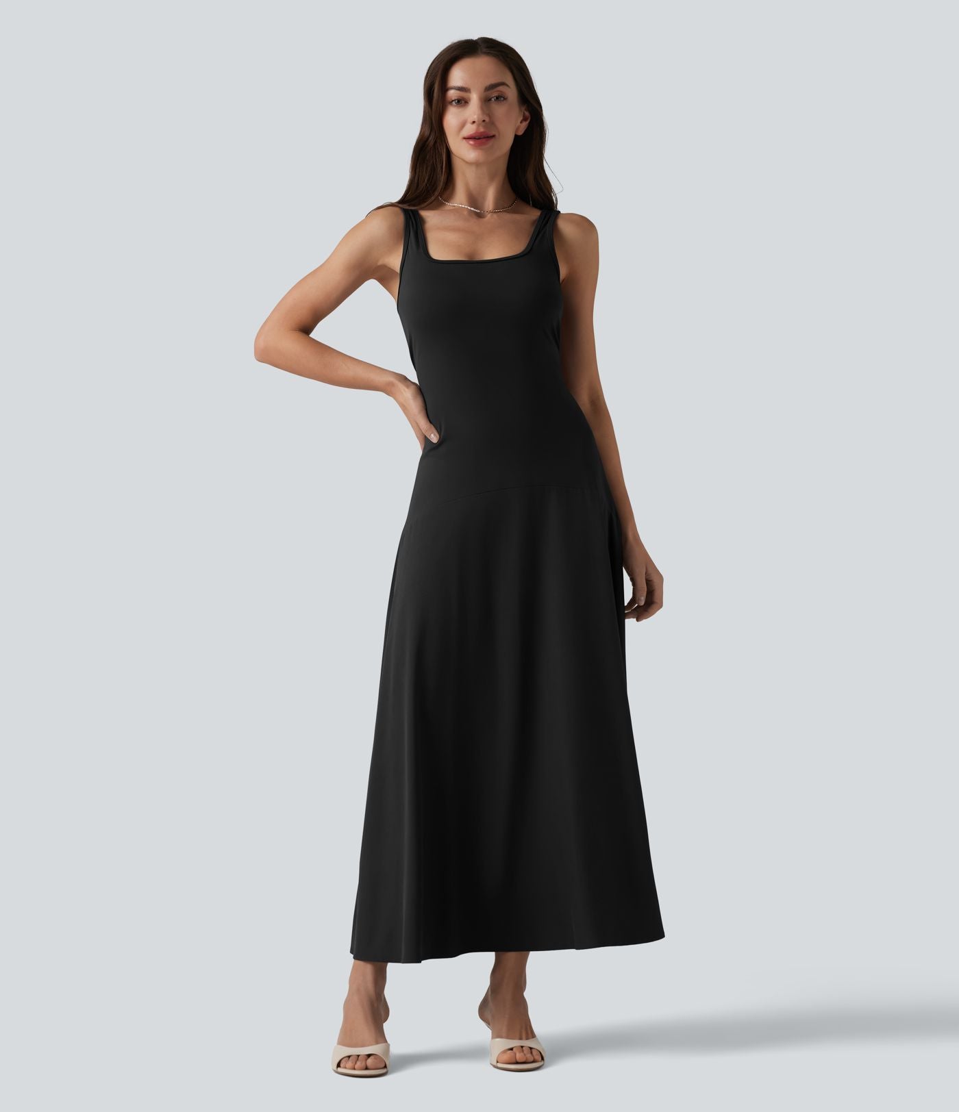 Robe midi fluide de demoiselle d'honneur et d'invitée de mariage à encolure carrée, dos nu et bretelles croisées