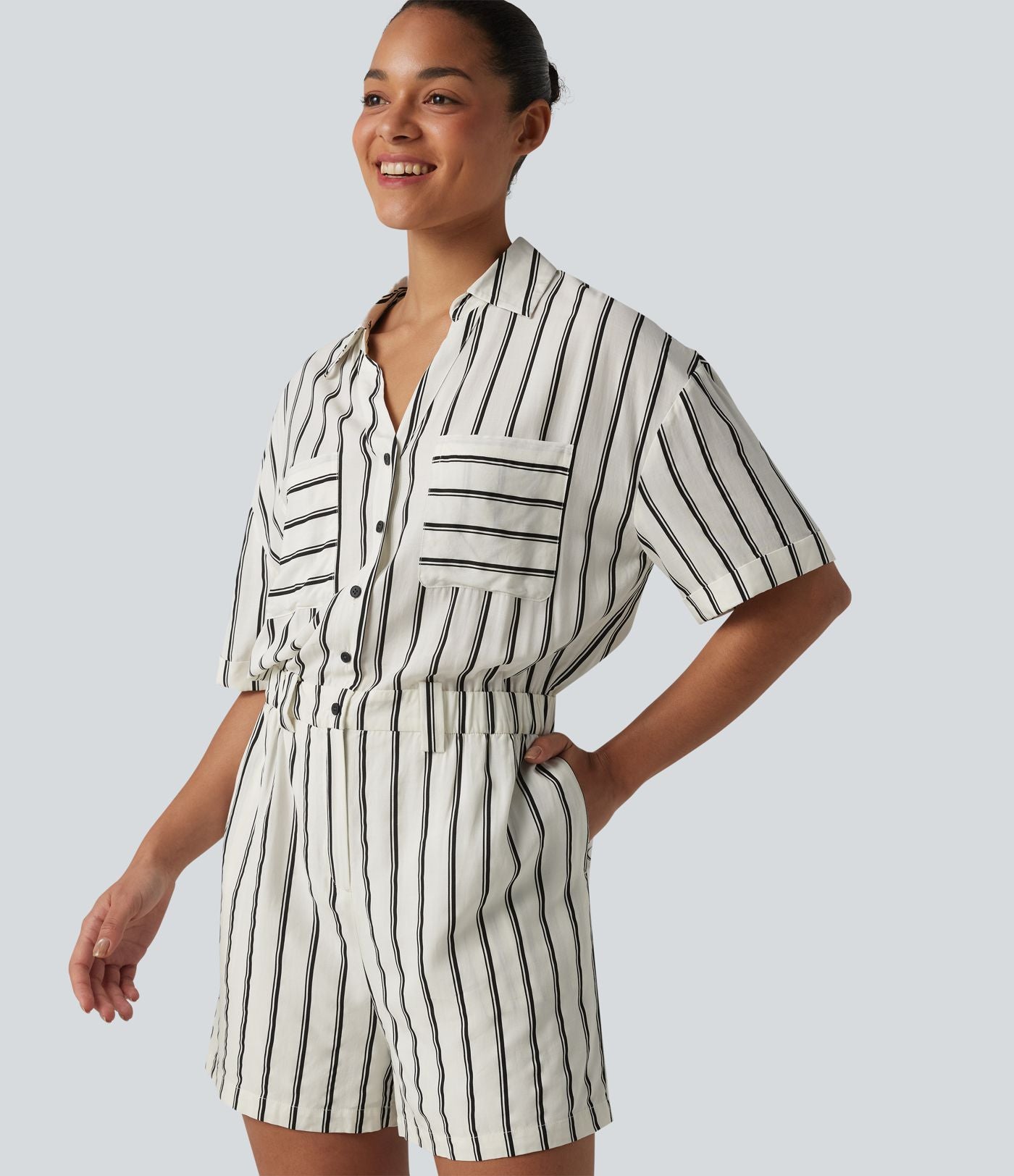 Combinaison-chemise décontractée rayée à manches courtes avec poches