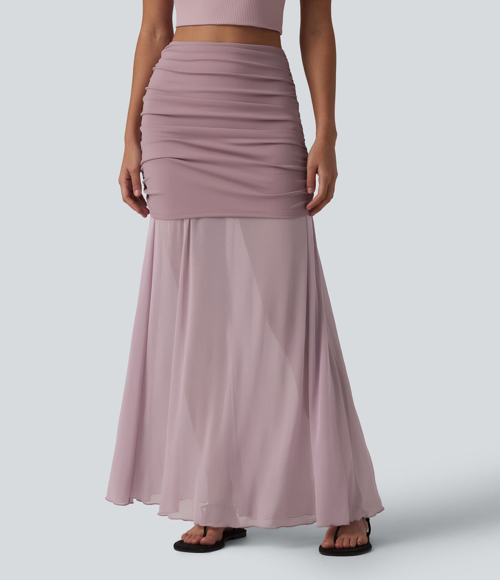 Jupe longue décontractée 2-en-1 taille haute froncée en tulle fluide