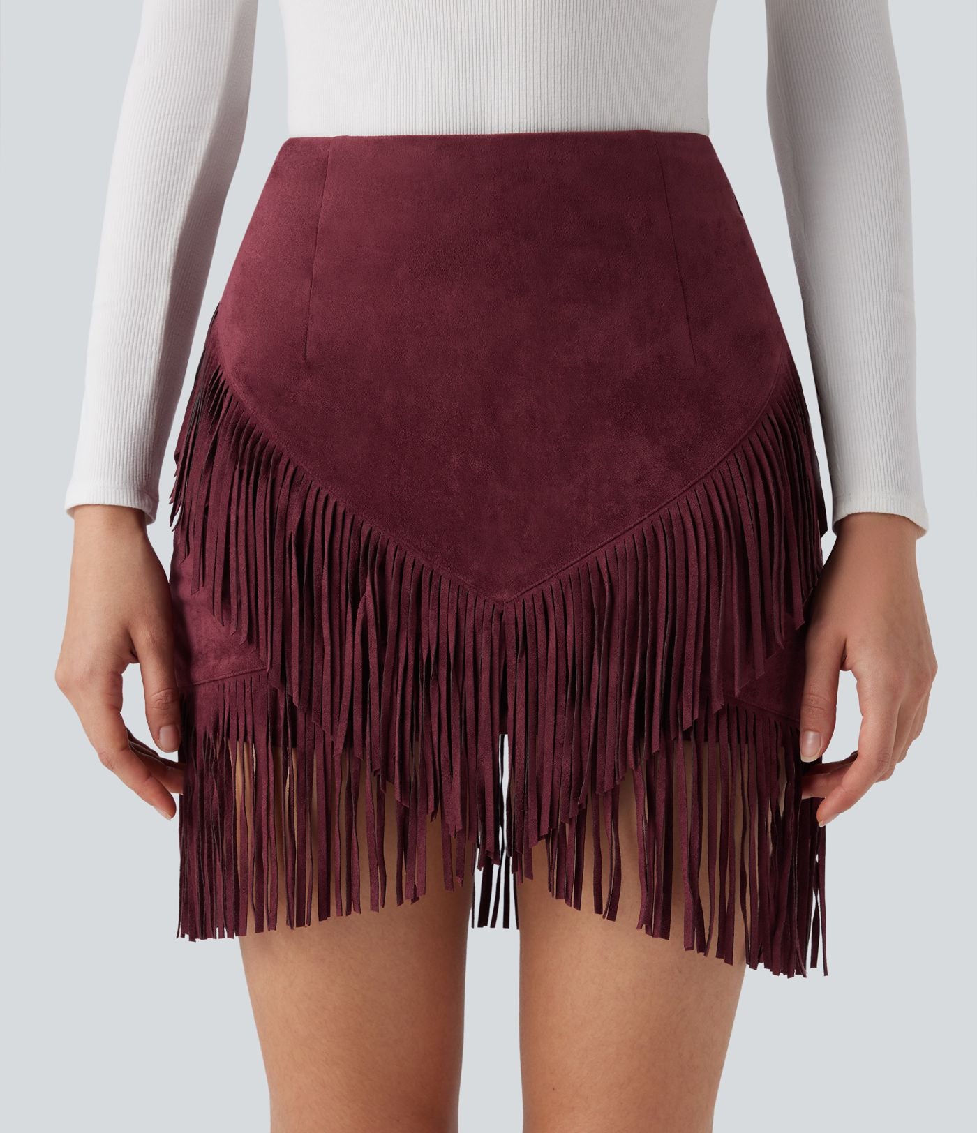 Jupe mini moulante décontractée 2-en-1 effet daim taille haute à franges