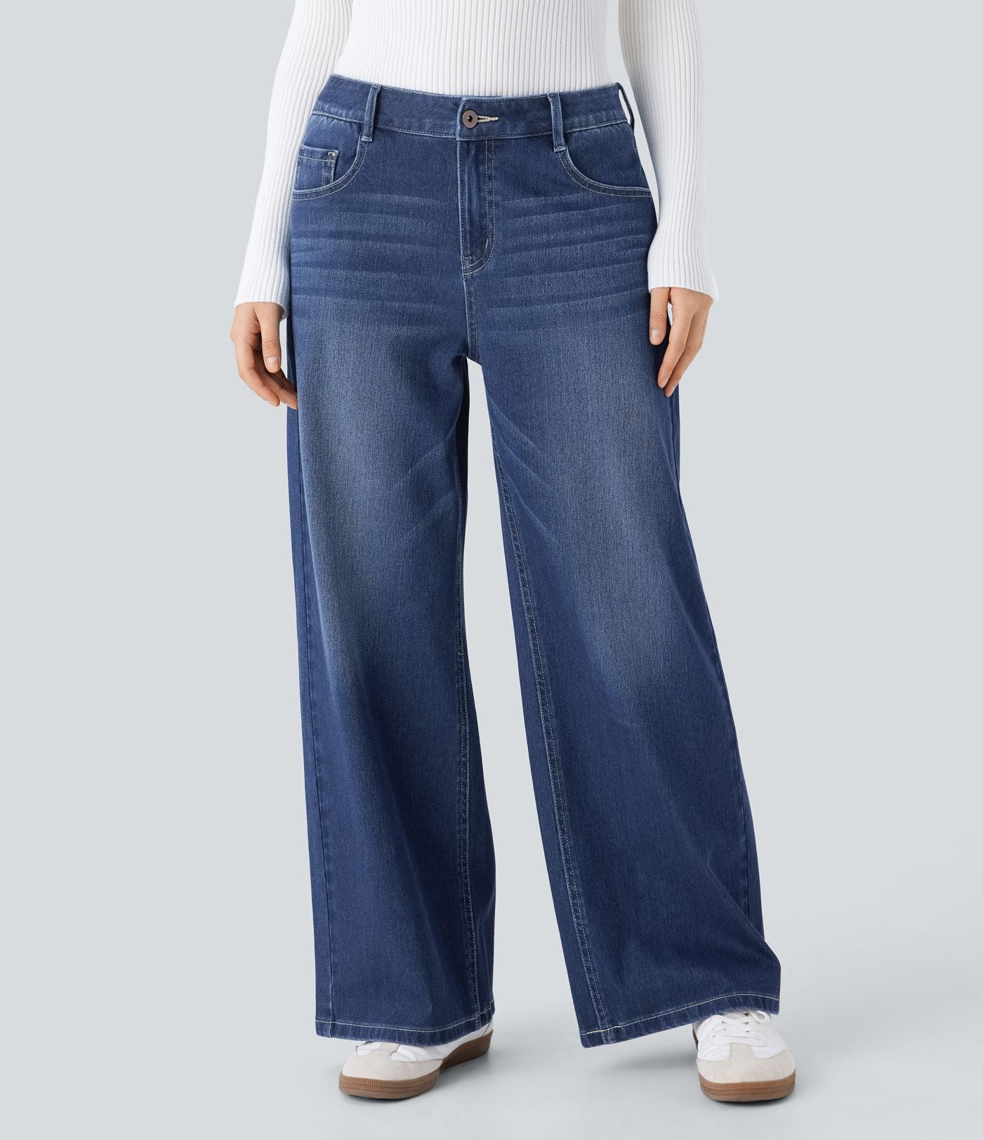 Halara Flex™ Jean Large Casual Taille Basse avec Boutons Zip Multiples Poches Lavés Élastiques et Tricotés