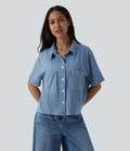 Halara Flex™ Chemise casual à manches courtes en denim lyocell drapé avec poches