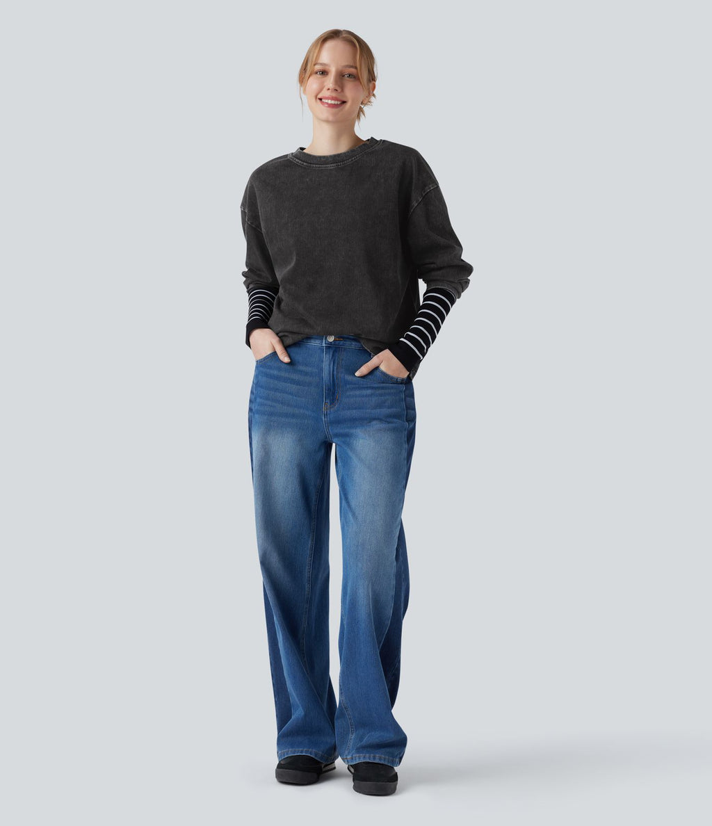Halara Flex™ T-shirt casual délavé en denim à col rond et manches longues