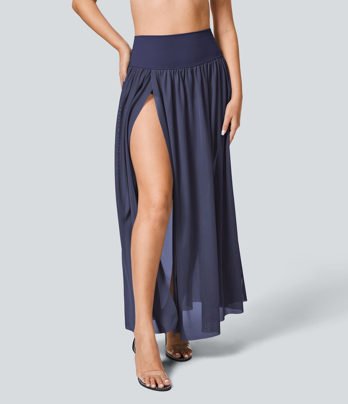 Jupe Casual Taille Haute Maxi Fluide Mesh Fente Plissée 2 en 1