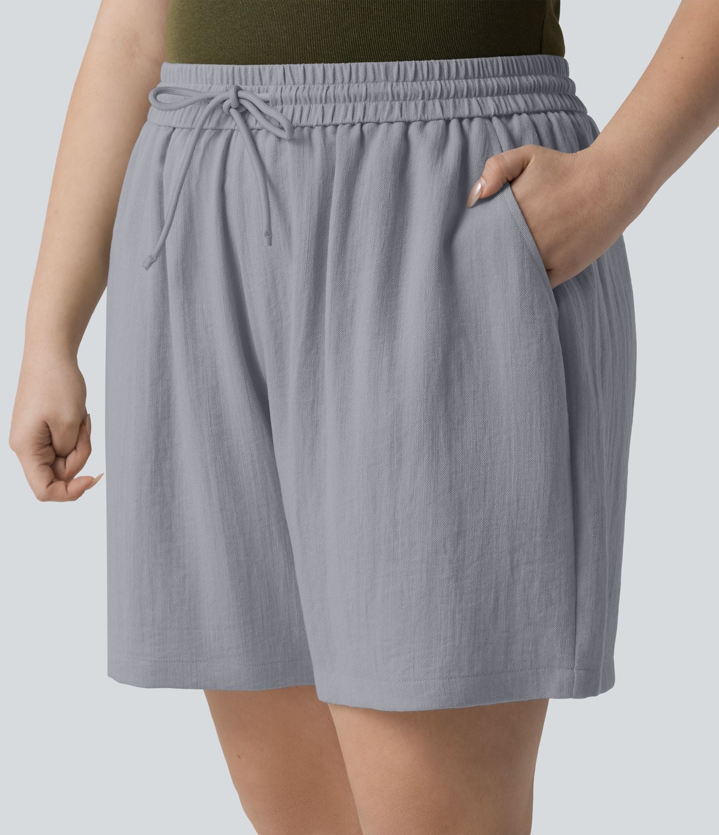 Short casual aspect lin grande taille taille haute avec cordon de serrage et poches