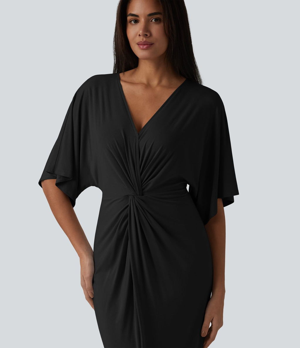 Robe midi col V manches chauve-souris ourlet tulipe torsadé