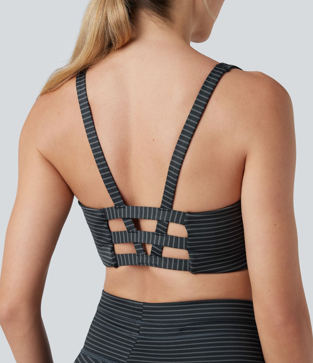 Brassière de sport yoga soutien léger col U découpes à rayures bonnets E-G