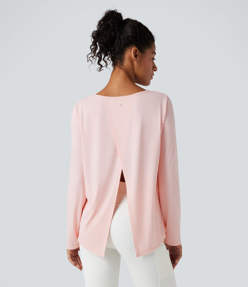Top de sport yoga décontracté col échancré manches longues fendu