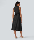 Robe mi-longue tailleur col V liens dans le dos sans manches