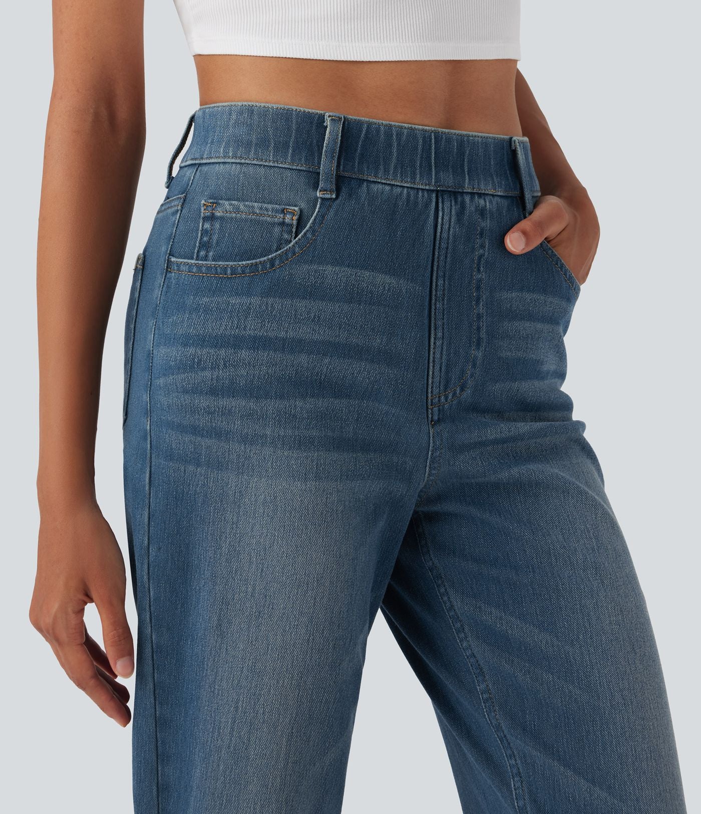 Halara Flex™ Jean casual délavé jambe droite taille haute gainant avec poches