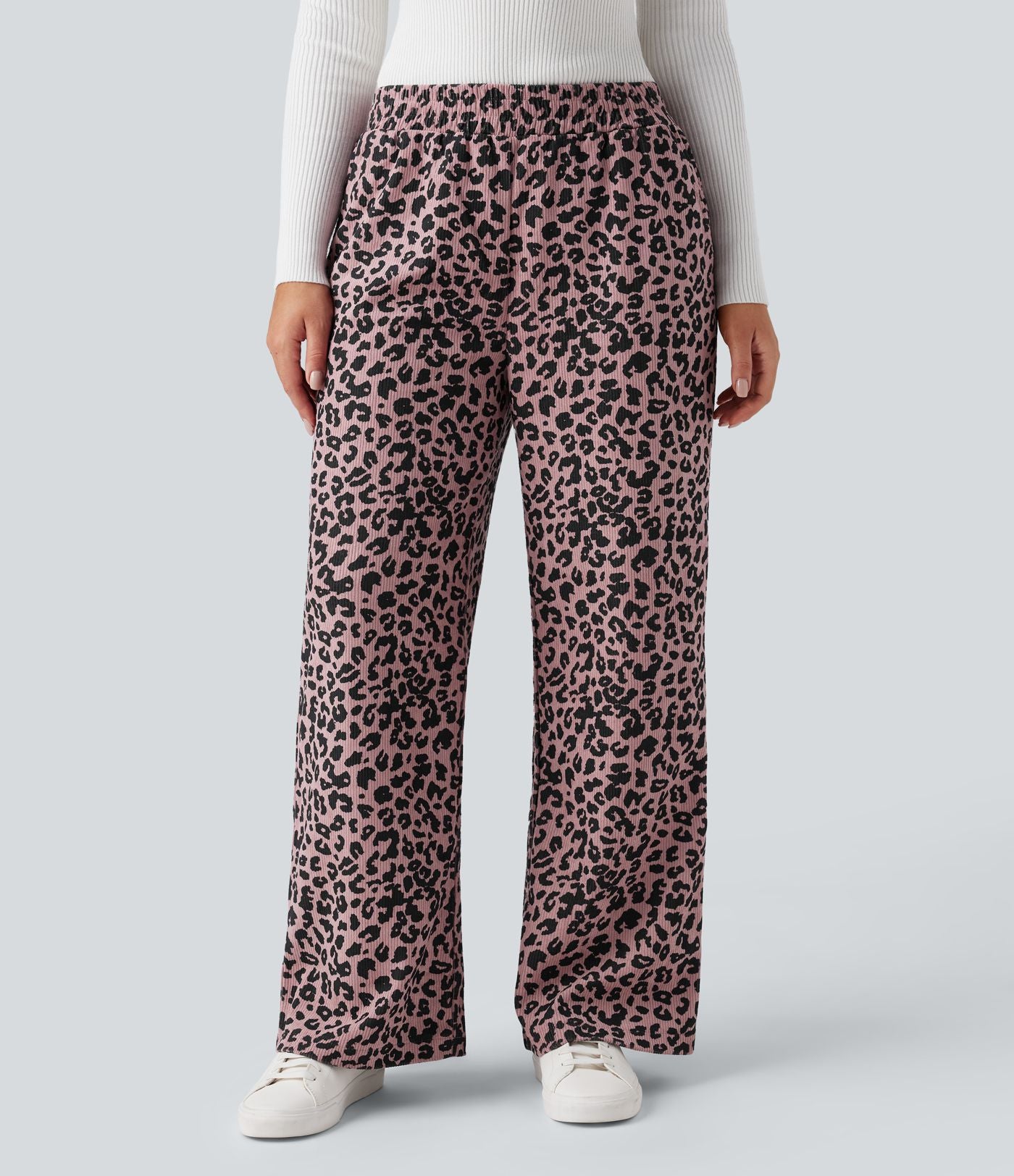 Pantalon léopard ample décontracté velours côtelé imprimé taille haute avec poches