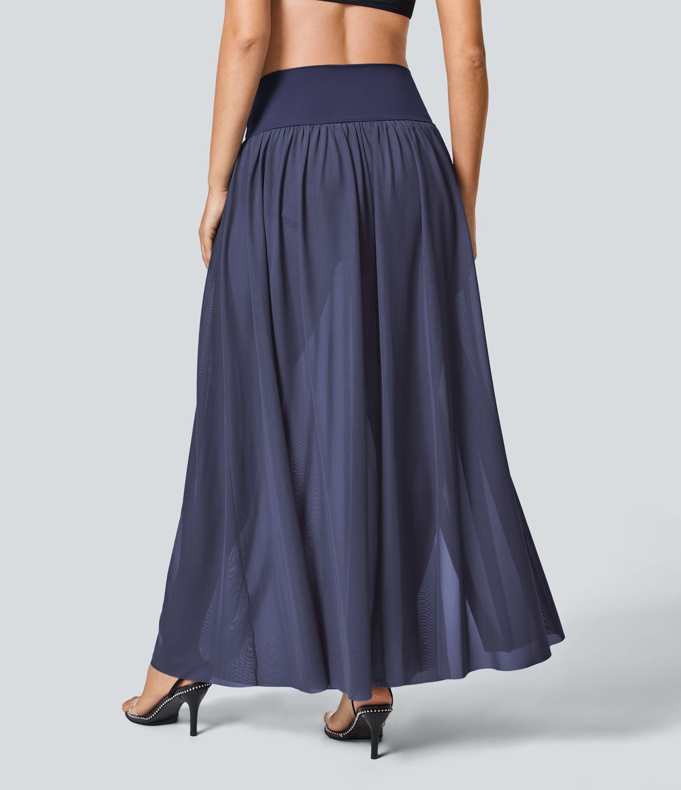 Jupe Casual Taille Haute Maxi Fluide Mesh Fente Plissée 2 en 1