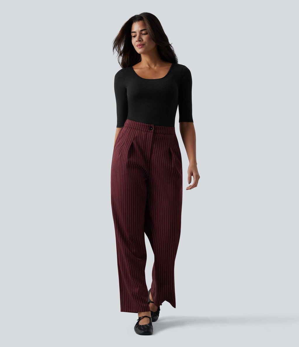 Top tailleur en mélange de laine col rond échancré à manches courtes en maille côtelée
