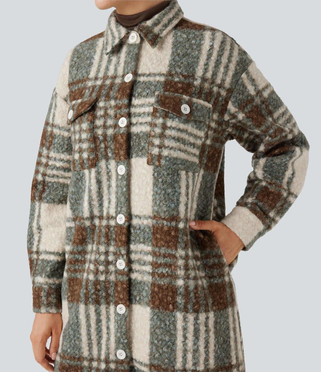 Veste sherpa longue manches longues carreaux avec poches