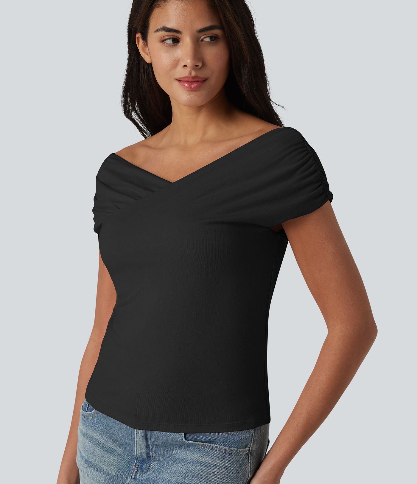 T-shirt casual en maille côtelée à manches courtes avec soutien-gorge intégré