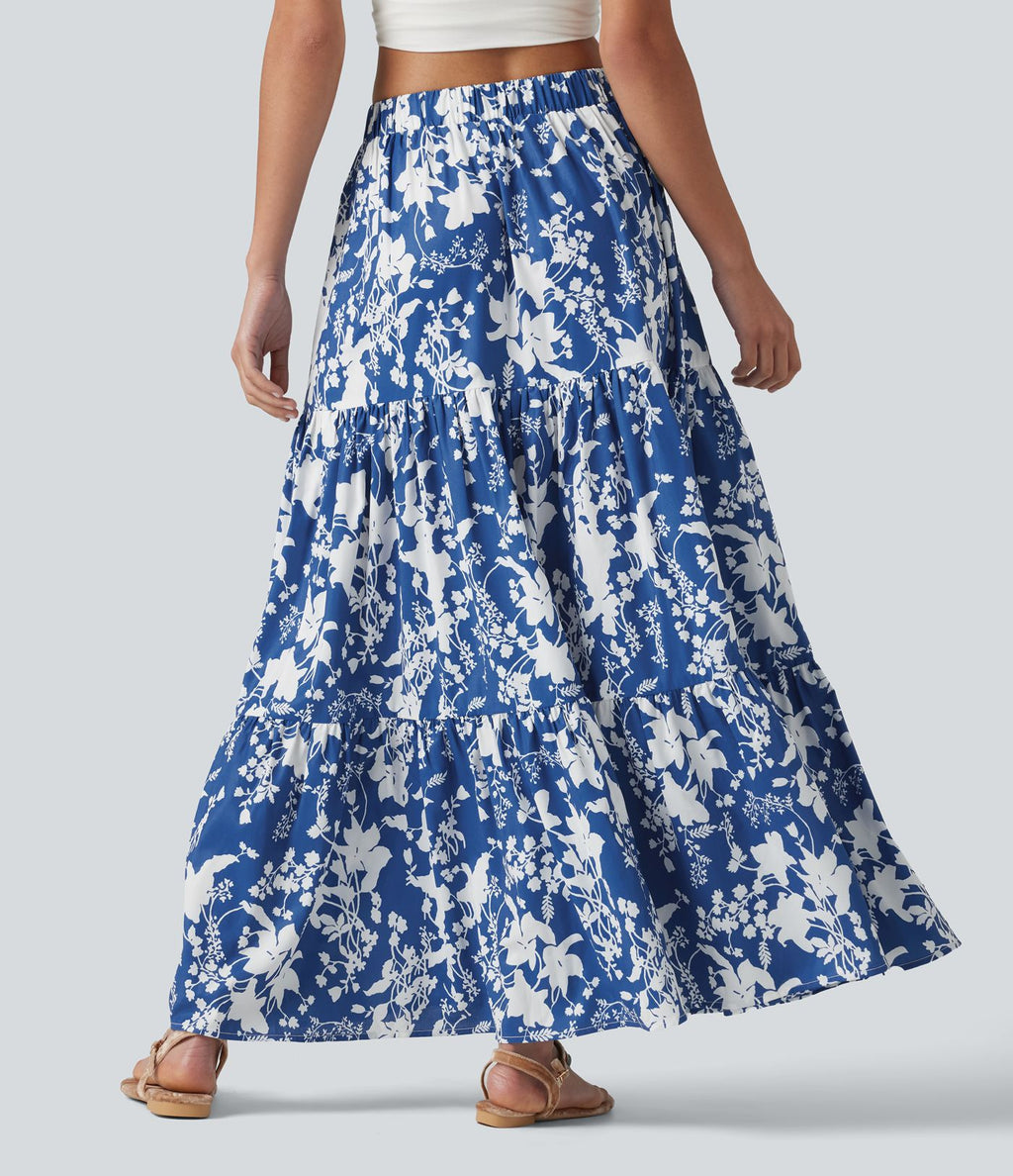 Jupe longue fluide taille haute à volants superposés imprimé floral pour les vacances