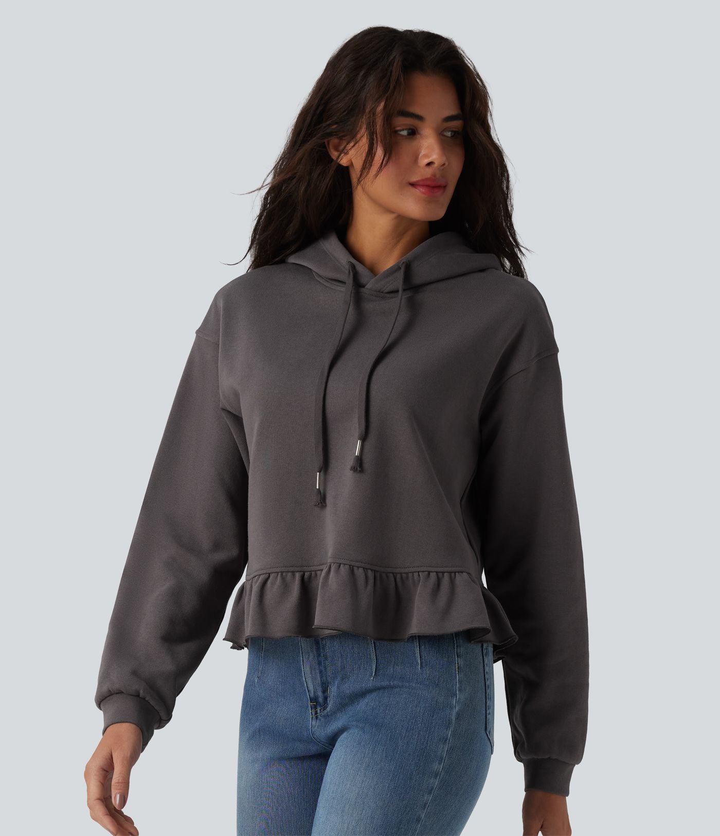 Sweat-shirt décontracté en coton à capuche avec cordon de serrage manches longues ourlet à volants