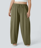 Pantalon Large Casual Taille Mi-Haute Taille Élastique Cordon Poches Latérales Ourlet Flottant Grande Taille