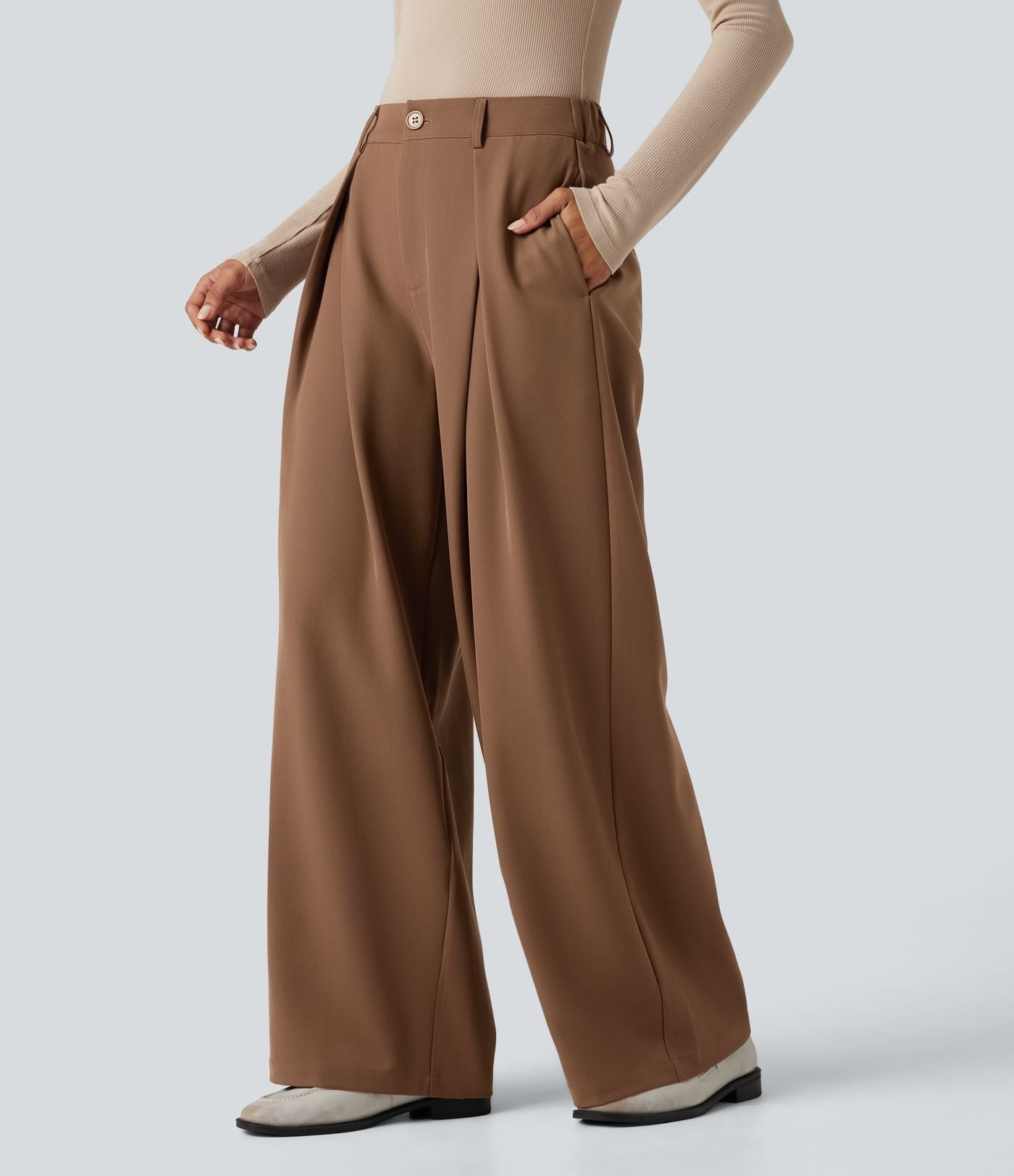 Pantalon tailleur large, taille haute, à poches