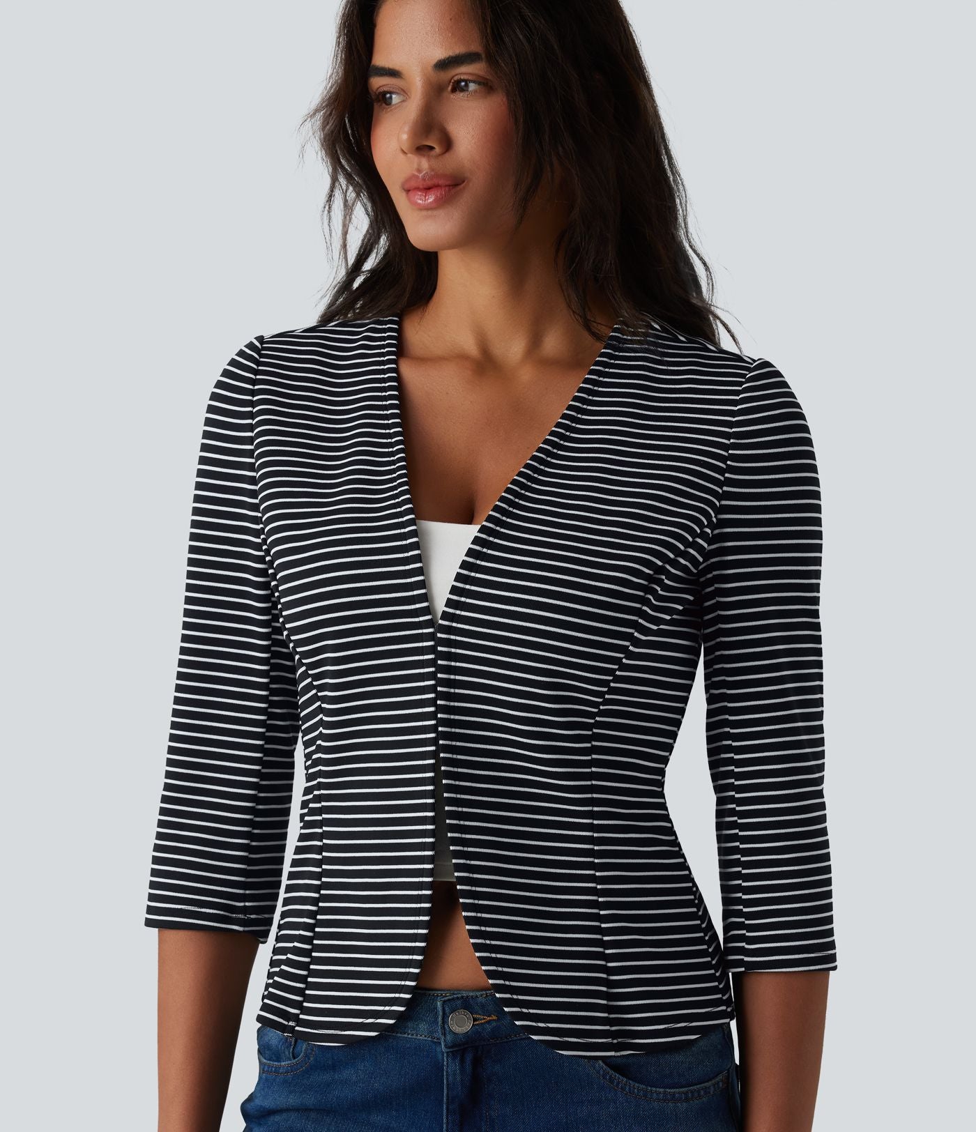 Blazer casual ouvert col V manches 3/4 à rayures en maille côtelée