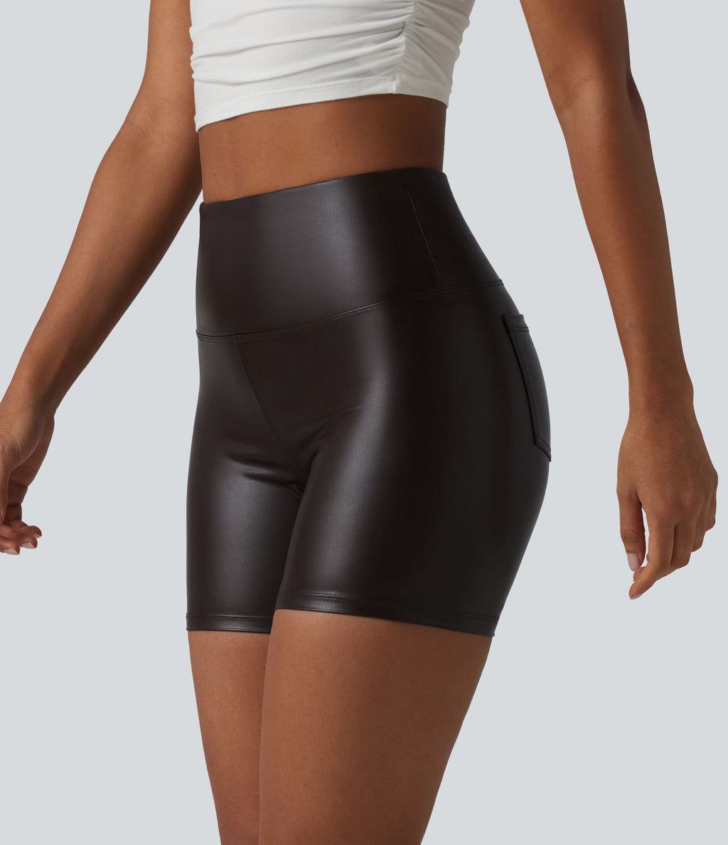 Short de cycliste casual en PU stretch gainant taille haute 12,5 cm avec poches