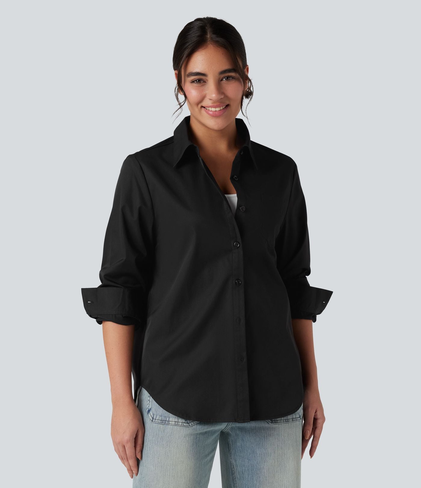 Chemise tailleur col chemise ourlet arrondi manches longues avec poche poitrine