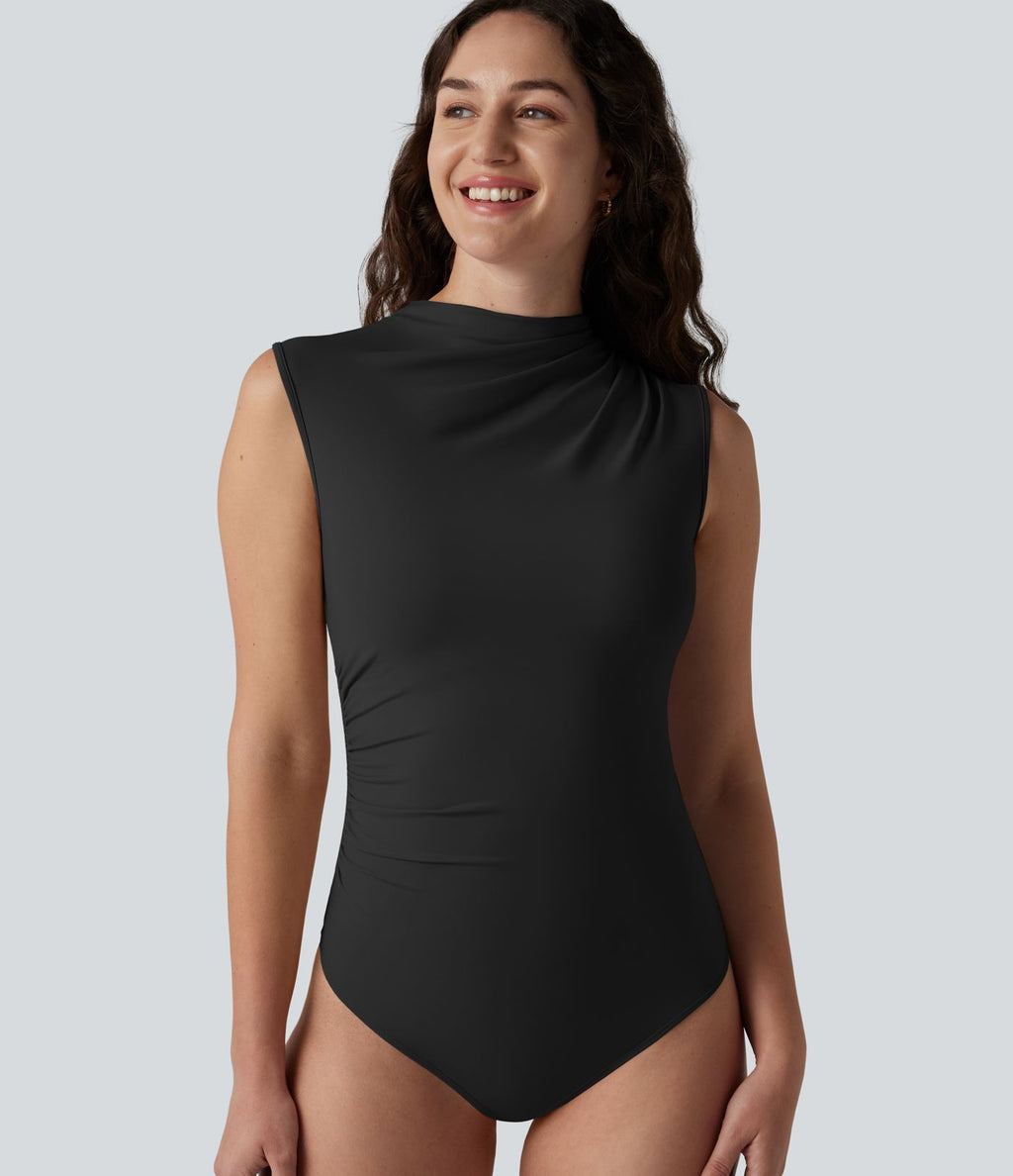 Body casual col cheminée sans manches avec fronces