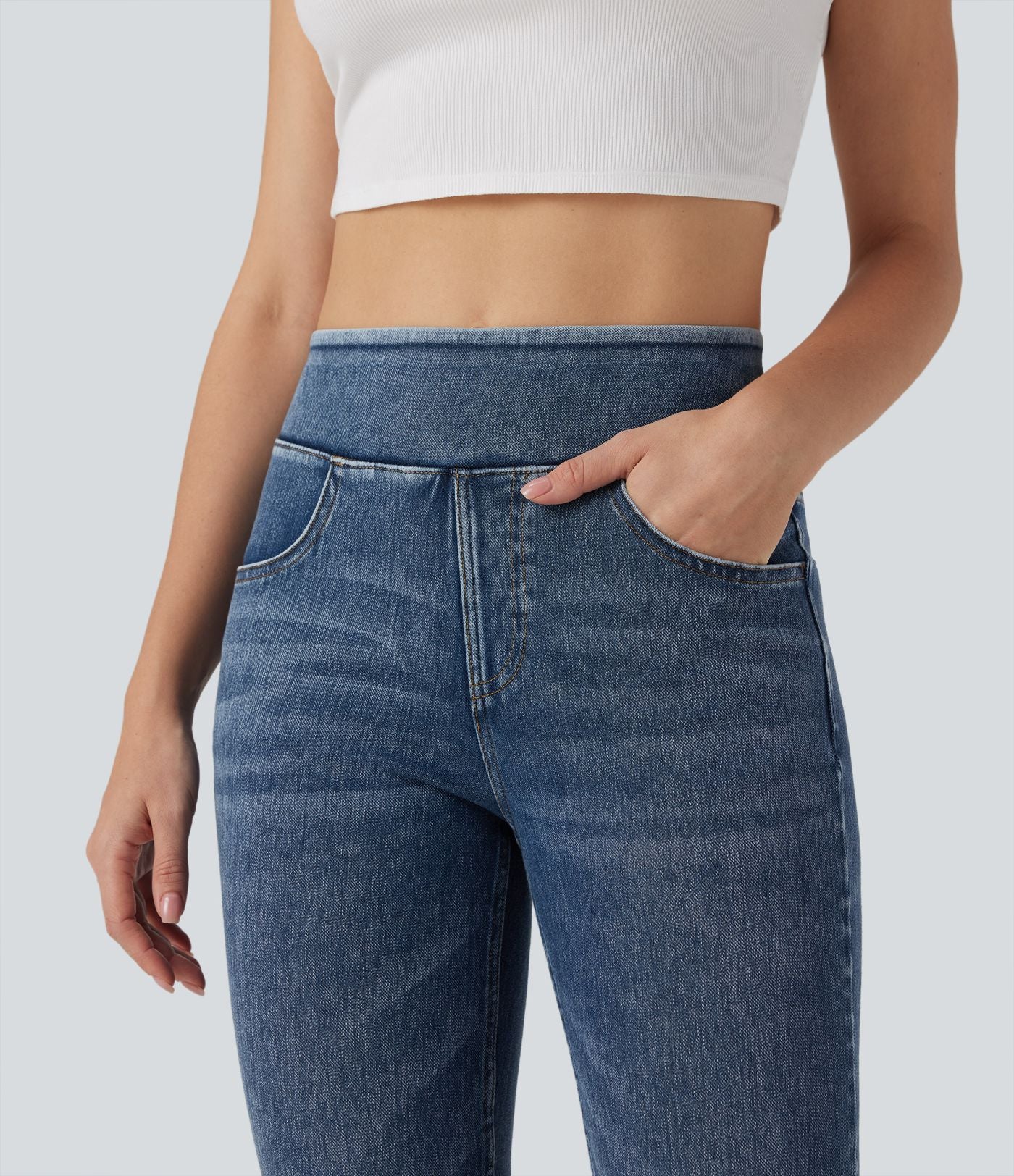 Halara Flex™ Jean évasé casual délavé taille haute gainant avec poches