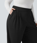 Pantalon décontracté grande taille large en maille gaufrée, taille haute, avec poches