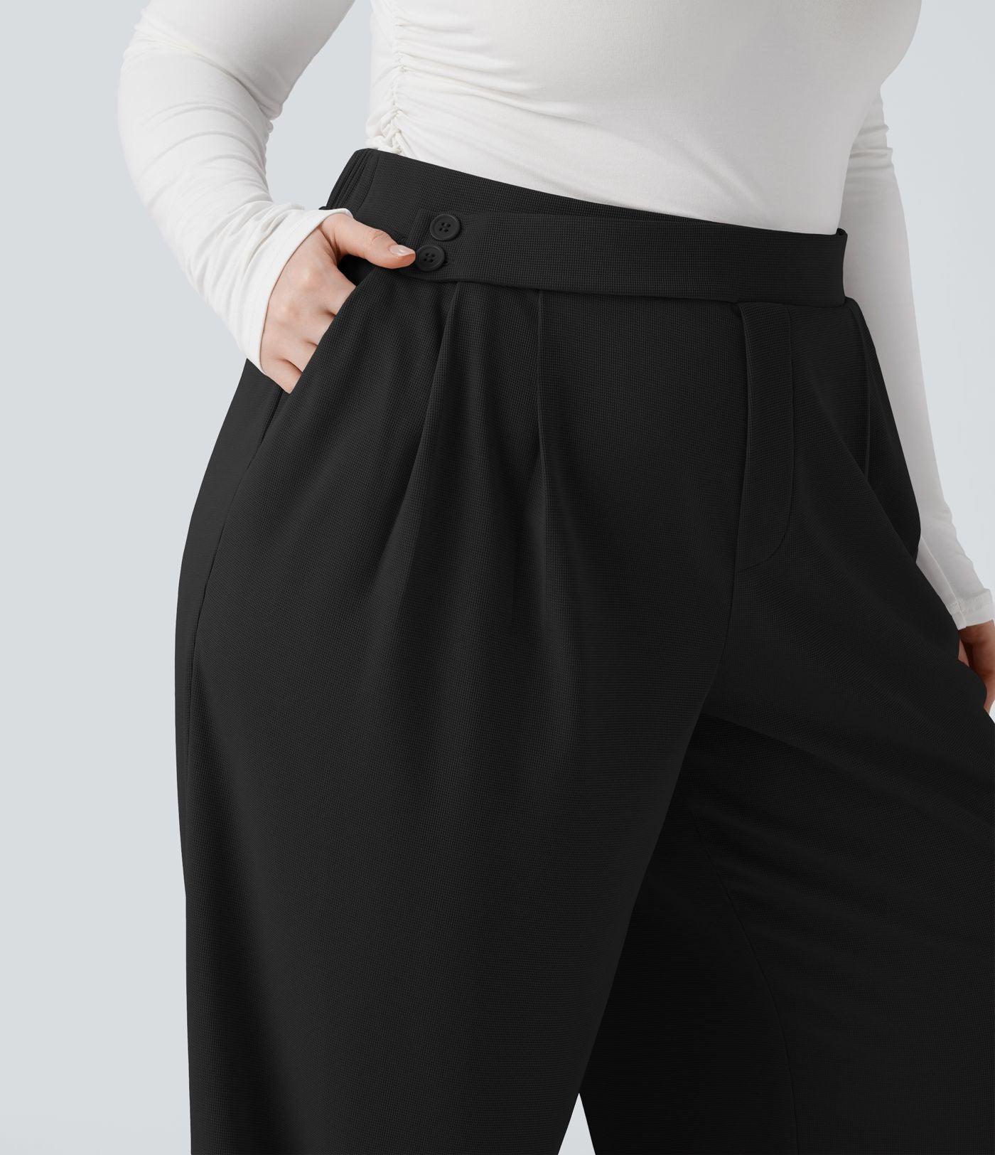 Pantalon décontracté grande taille large en maille gaufrée, taille haute, avec poches