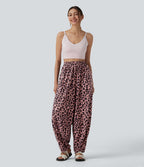 Jogging casual fluide gaufré imprimé léopard taille haute avec poches