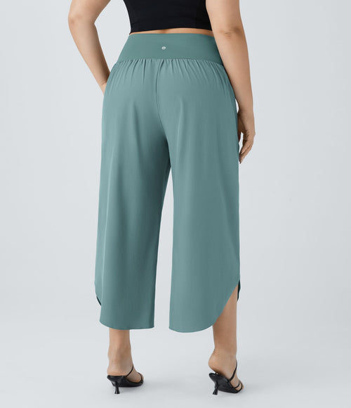 Breezeful™ Pantalon de Vacances Grande Taille Taille Haute avec Découpe Croisée Plissé Poche Latérale Fente et Séchage Rapide
