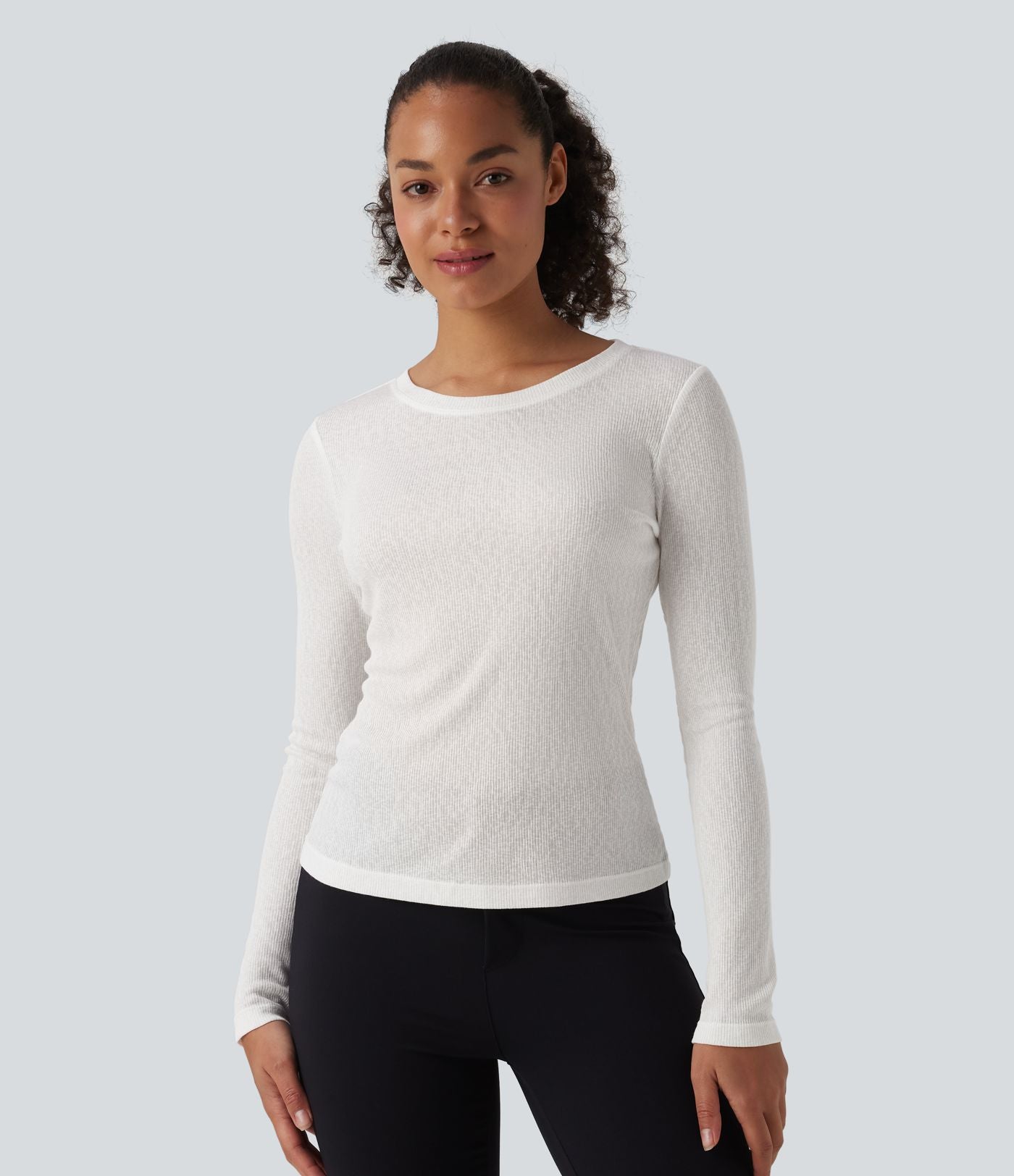 T-shirt décontracté maille côtelée semi-transparent col rond manches longues