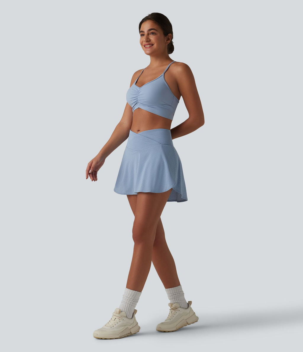 Jupe mini de tennis à œillets, taille haute, 2 en 1, coupe trapèze, croisée, avec poches