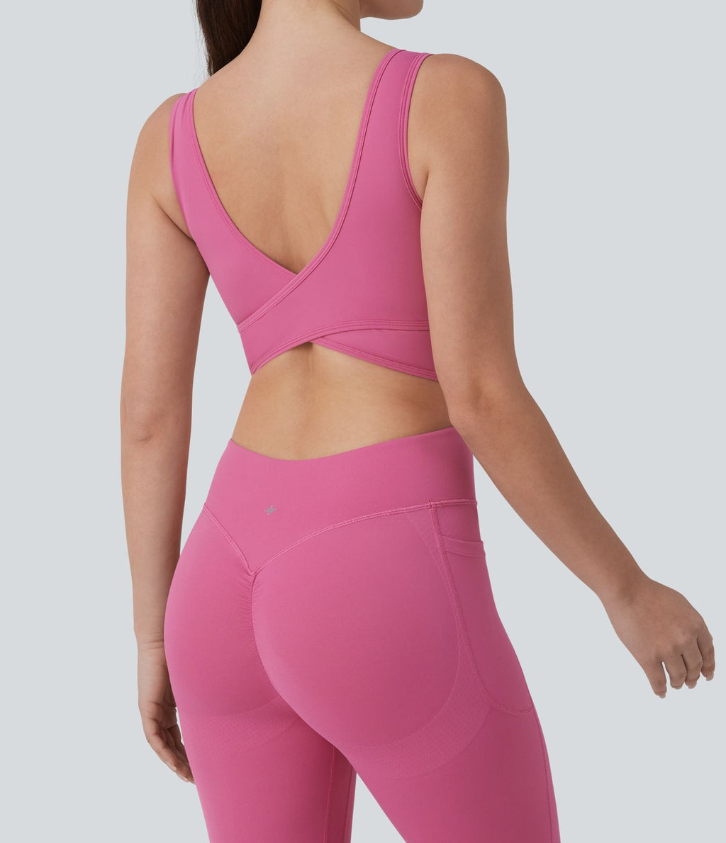 Combinaison d'entraînement Halara UltraSculpt™ évasée dos nu croisé gainante galbante avec fronces et coussinets fixes avec poches - Easy Peasy