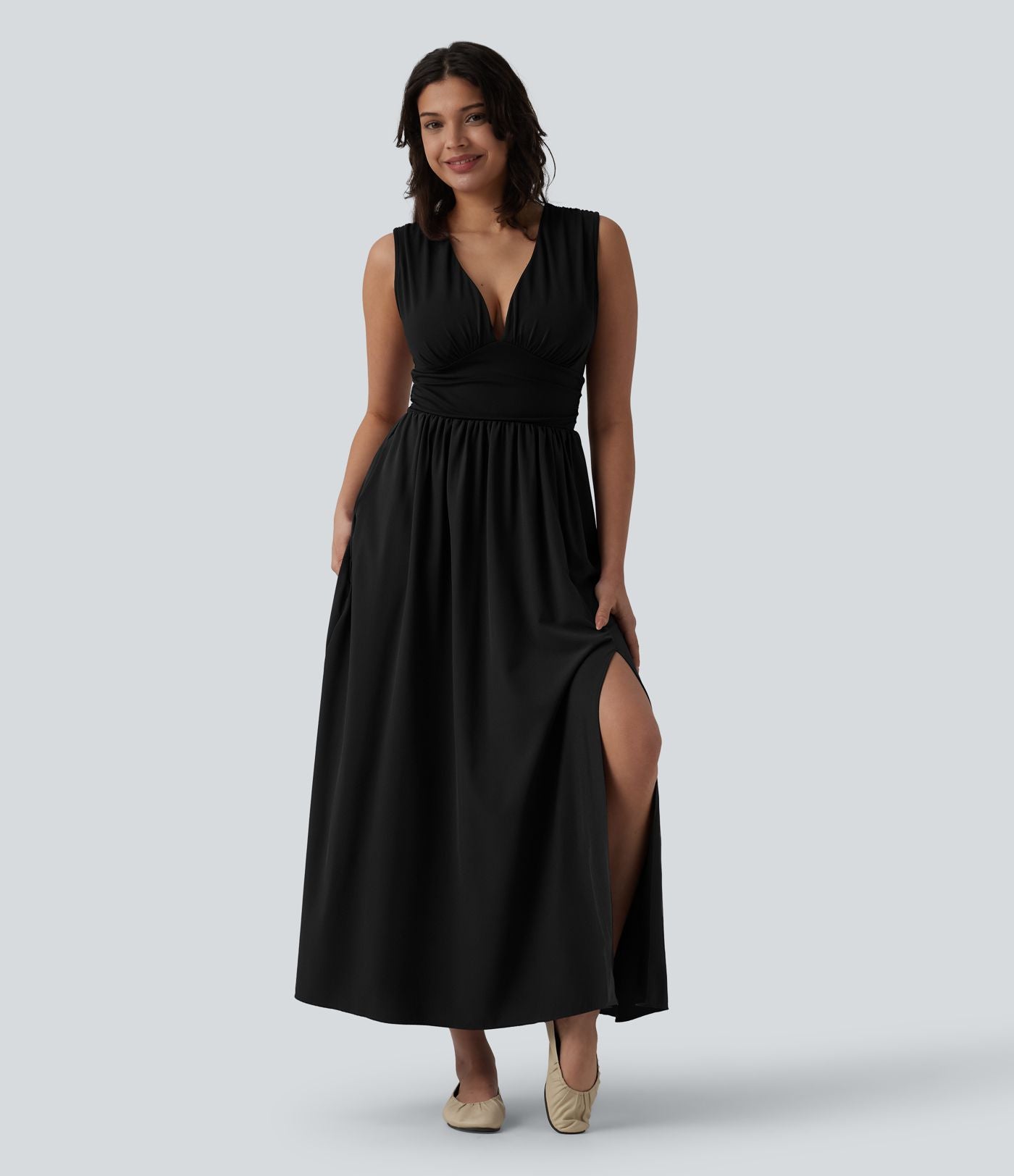 Robe longue fluide col V sans manches