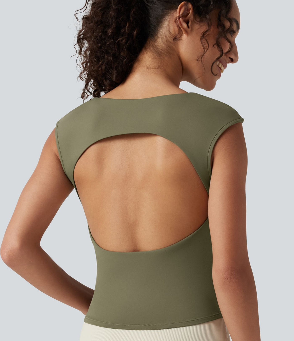 Débardeur de yoga SoftlyZero™ Airy col bateau ajouré froncé effet frais InstantCool avec brassière intégrée