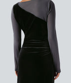 Robe de soirée midi en velours col rond à manches longues froncée avec mesh contrastant