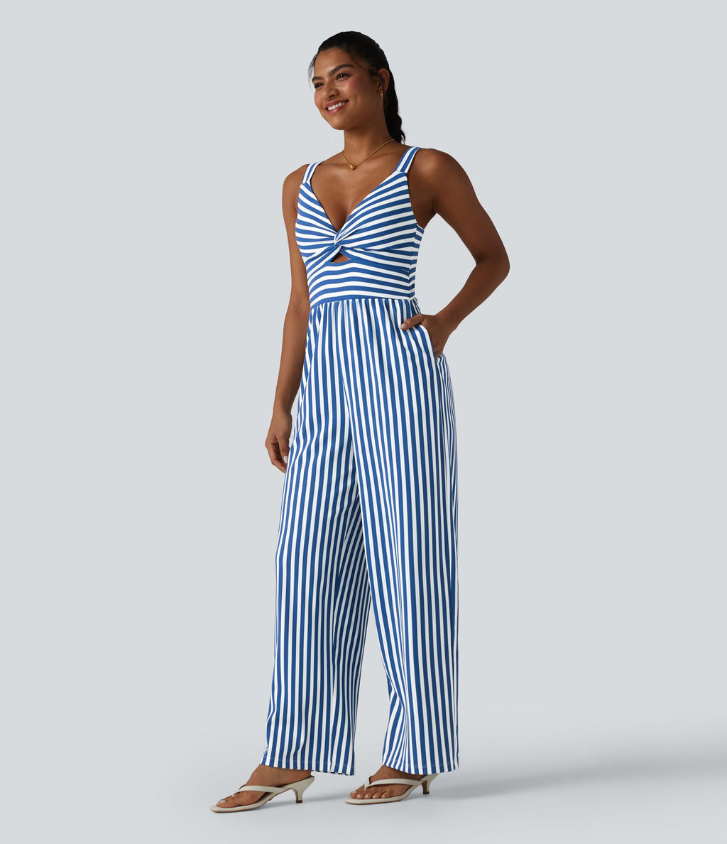 Combinaison casual sans manches à rayures en nid d'abeille torsadée froncée fermeture éclair invisible avec soutien-gorge intégré et poches - Easy Peasy