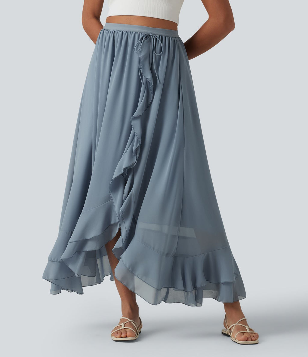 Jupe longue fluide taille haute à volants et ourlet asymétrique