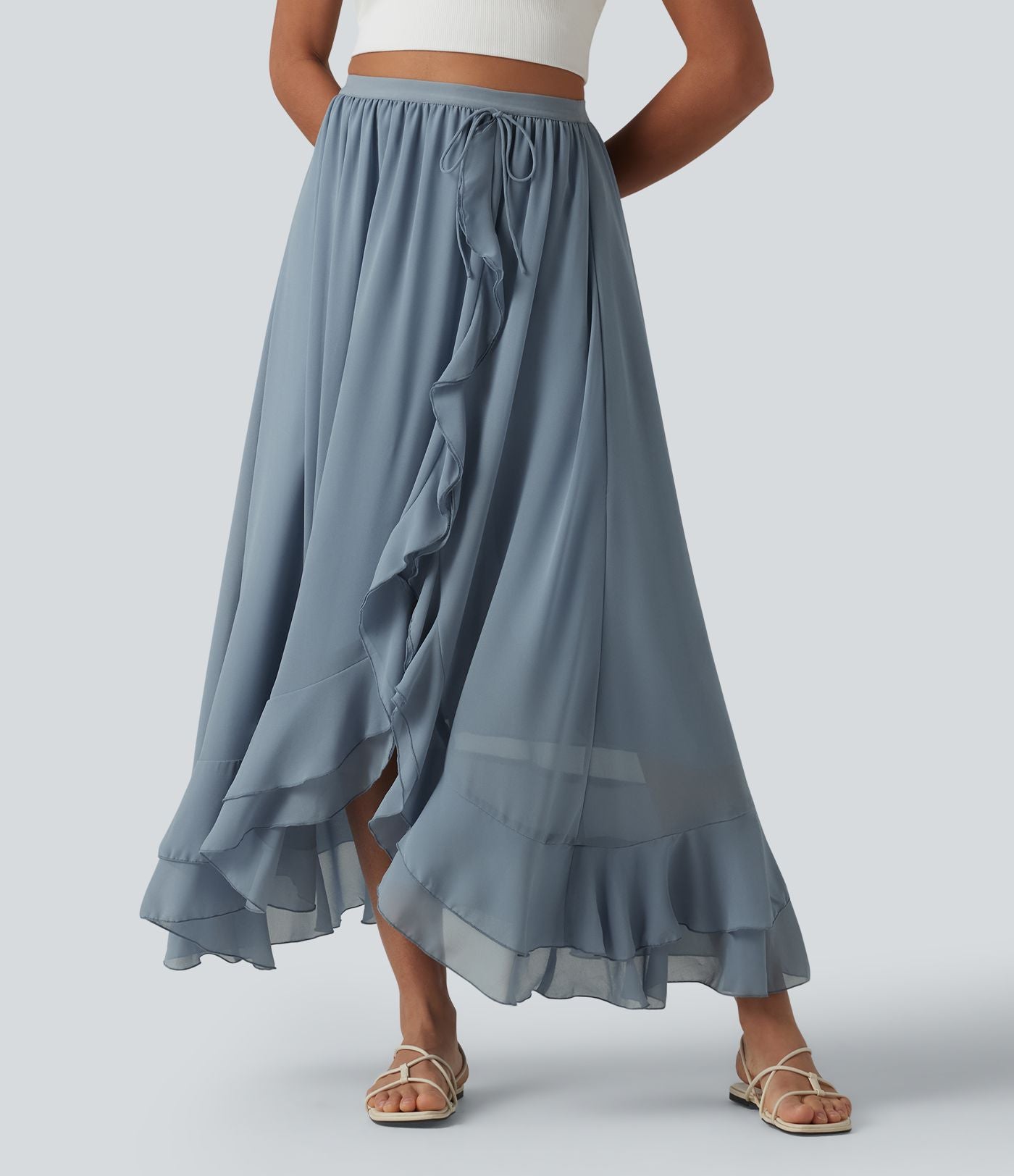 Jupe longue fluide taille haute à volants et ourlet asymétrique