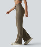 Pantalon de yoga évasé taille haute avec cordon de serrage uni et poches